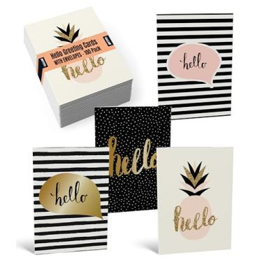 Imagem de Cartões Hello Greeting, cartões para todas as ocasiões, pacote com 100, 10,16 x 15,24 cm, 4 designs de capa elegantes, em branco, da Better Office Products, Thinking of You Cards, Hello Note Cards, com envelopes, pacote com 100