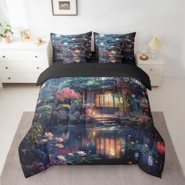 Imagem de Conjunto de cama solteiro com cenário de pavilhão, 7 peças, flores, jardim, lago, lua, estilo japonês, conjunto de edredom com lençóis, cama em uma bolsa com edredom, lençóis, fronhas e capa de