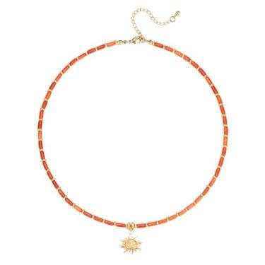 Imagem de Colar gargantilha com contas de pedras preciosas celestial sol lua estrela pingente boêmio ajustável joia boho para mulheres, Banhado a ouro, Sem Pedra Preciosa