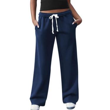 Imagem de Calça de moletom feminina FACDIBY, perna larga, cintura alta, azul mar