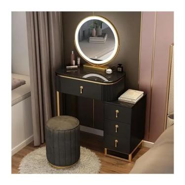 Imagem de Escrivaninha de penteadeira Conjunto de penteadeira pequena com espelho e cadeira, maquiagem para espaços pequenos, para quarto(Preto)