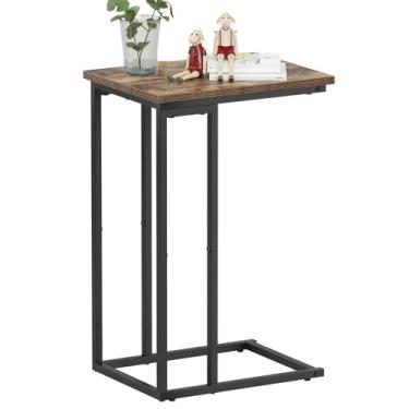 Imagem de Function Home Mesa lateral moderna em forma de C, mesa de lanche móvel para tablet de café e laptop, mesas de canto de sofá, sala de estar, móveis rústicos de madeira marrom com moldura de metal preta