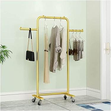 Imagem de Cabide para roupa cabide com rodas, cabide de metal resistente independente, fácil de montar para armazenamento de roupas, suporte de exibição, barra de roupa para decoração de quarto, ouro