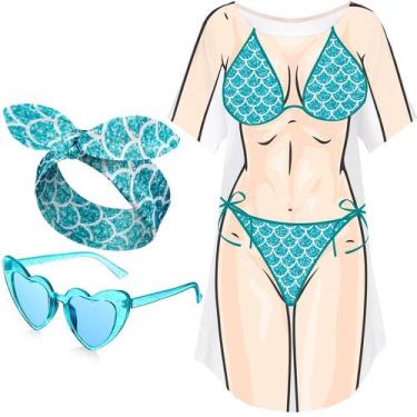 Imagem de Camisa de biquíni Jeyiour Cover Up Headband, óculos de sol, azul, XL