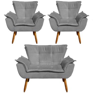 Imagem de Conjunto 2 Poltronas e 1 Namoradeira Pés Palito Charger Suede Grafite - Gran Belo