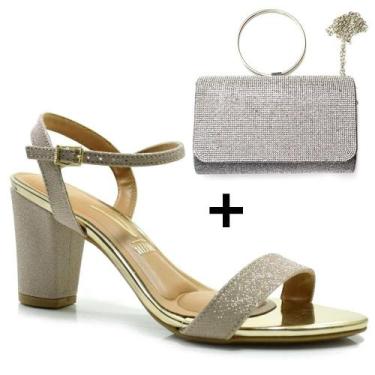 Imagem de Kit Sandália Salto Bloco Vizzano Dourada e Bolsa Cinza Festa, Dourado,