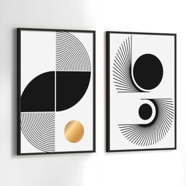 Imagem de Quadros Decorativos com Moldura Geometrico Preto Branco Amarelo Sala Quarto Kit Conjunto 2