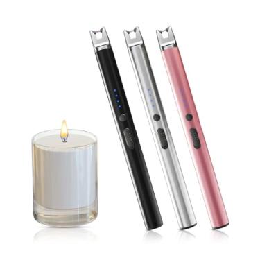 Imagem de TIKETT Pacote com 3 velas de plasma recarregável USB C, isqueiro de arco à prova de vento com trava de segurança para velas, fogões a gás, conjunto de presente inclui preto, ouro rosa, cromado