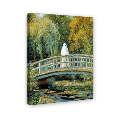 Imagem de Arte em tela de Halloween - Fantasmas fofos em pé na ponte japonesa estilo Monet, impressão em tela emoldurada para galeria para decoração de parede (vários tamanhos, emoldurado/sem moldura) (arte 5,4