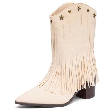Imagem de NEWBELLA Botas femininas caubói ocidentais – Botas retrô de borla, salto grosso, para festival de música country e moda de outono, Creme, 35