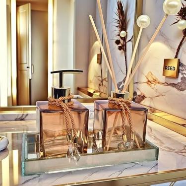 Imagem de Kit Lavabo Luxo Vidro Branco Saboneteira Difusor Aroma Decoração Bandeja Banheiro(Ambar Degrade C/Dourado,Sem Bandeja)