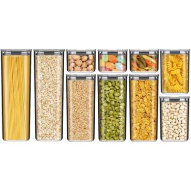 Imagem de Conjunto de Potes Herméticos, Tampa com Vedação, Empilháveis, Multiúso P/Armário Cozinha Despensa Macarrão Café Alimentos Açúcar, Kit Organizadores (Kit 10 Potes A)