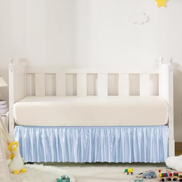 Imagem de Counfeisly Saia para cama de berço de cetim azul bebê, 132 x 71 cm com saia de berço macia e sedosa de 35,5 cm para bebês meninas ou meninos, adequada para berço padrão e roupa de cama infantil
