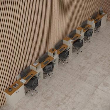 Imagem de Conjunto De Escritório Tech 5 Livreiro 2 Buffet E 6 Mesas 90 - Off White E Cedro Off White E Cedro