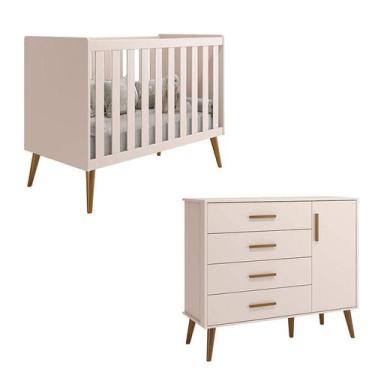 Imagem de Berço Americano e Cômoda Infantil com Porta Isis Rosa Acetinado - Rell