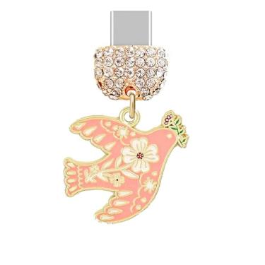 Imagem de ELISE & FONDA Porta de carregamento tipo C TP950, plugue antipoeira, pomba da paz com pingente de flor e ramo de oliveira para iPhone 15/16/Samsung/OnePlus/Xiaomi/oppo telefones Android (rosa)