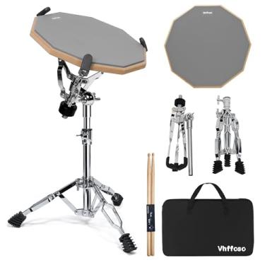 Imagem de Almofada de bateria de treino de 30,5 cm com suporte, bastões e balde, almofada de tarola para iniciantes com baquetas (um par) e bolsa de transporte, almofada de bateria silenciosa dupla face (cinza