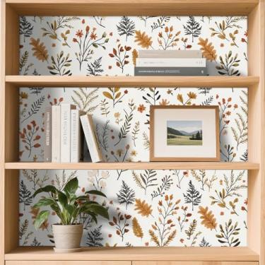 Imagem de Stickyart Papel de parede de folhagem de outono de 44.5 cm x 701.0 cm para parede papel de contato floral botânico retrô removível folha de outono autoadesivo rústico folha marrom flor papel de parede