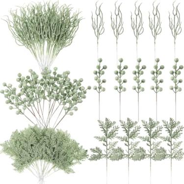 Imagem de Craftsatin 75 ramos de glitter de Natal, 3 estilos, palhetas artificiais de Natal, bagas, caules, agulhas de pinheiro, spray floral para enfeites de árvore de Natal, guirlanda faça você mesmo (verde