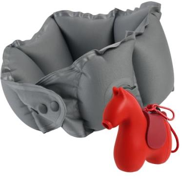 Imagem de Cavalo de viagem com travesseiro de viagem inflável oculto – Travesseiro inflável portátil para viagem, carro, avião, escritório, casa, trem – leve e lavável na máquina, Vermelho, Medium