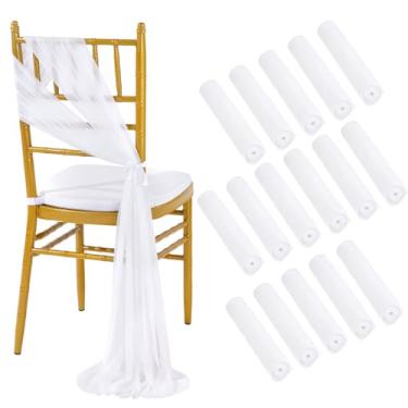 Imagem de HATAOLIFE Faixa de cadeira branca para decoração de casamento, tecido drapeado transparente, 16 peças, faixa de tule de 2,4 m de comprimento para decoração de banquete