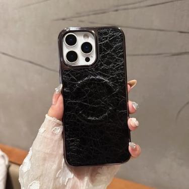 Imagem de HJZSZX Capa de celular luxuosa com revestimento de couro e carregador sem fio para iPhone 15 Pro (preta)