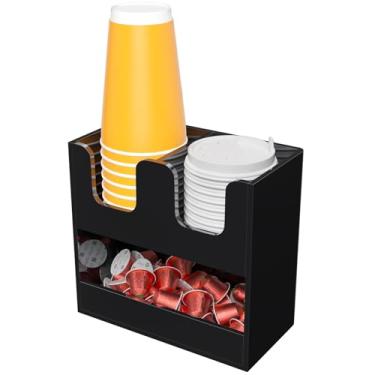 Imagem de Beego Suporte de copo de 3 compartimentos para bancada - dispensador de copos de acrílico preto de 2 camadas para estação de café, organizador de copos de papel e tampa, armazenamento de condimentos