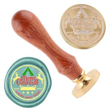 Imagem de Carimbo de lacre de cera de Natal Merry Christma carimbo de latão e uma alça de madeira para cartões de Natal, convites de festa, envelopes de cartas, cartões de felicitações, presentes