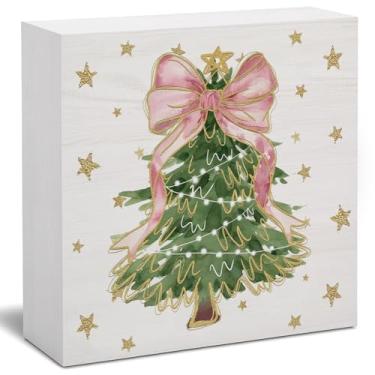 Imagem de FLVGE Placa de madeira de árvore de Natal com laço rosa com estrelas e laço dourados, decoração de férias de fazenda rústica, decoração de caixa de Natal rosa feminina para prateleira de casa, mesa 12