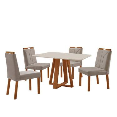 Imagem de Conjunto Sala De Jantar Mesa Floripa 120x90cm Off White Com 4 Cadeiras Luna Veludo Cinza