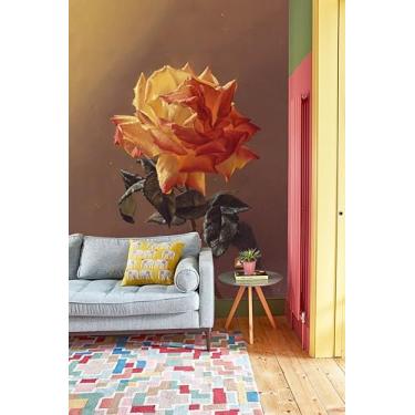 Imagem de Murais de parede rosa laranja descascar e colar 226.1 cm L x 248.9 cm H grande papel de parede floral boho vintage lona peônia pintura de parede 3D natureza arte de parede para sala de estar quarto