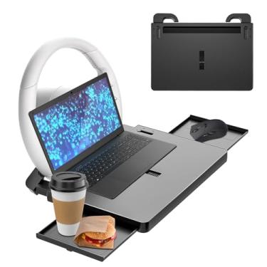 Imagem de Leopacat Mesa de volante grande 2 em 1 com bandejas deslizantes duplas, bandeja de mesa serve para a maioria dos carros, laptop, carro, celular, comida, bebida e escrita, suporte de trabalho