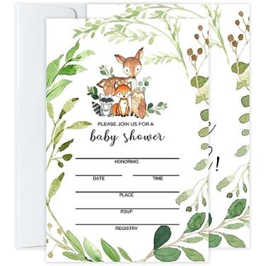 Imagem de Moonle Convite de chá de bebê com envelopes para menina e menino, tema animal da selva vegetação convites para festa de revelação de gênero, suprimentos de festa de chá de bebê, conjunto de 25