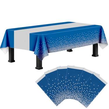 Imagem de Toalha de mesa de plástico descartável, pacote com 6 toalhas de mesa descartáveis azuis e prateadas, capa de mesa retangular de plástico para Natal, formatura, aniversário, chá de bebê, decoração de