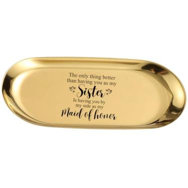 Imagem de Presente de irmã Maid of Honor, bandeja de joias de metal dourado com mensagem gravada a laser, prato decorativo de 18 x 8 cm, lembrança de festa de casamento