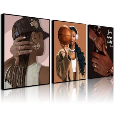 Imagem de Conjunto de arte de parede em tela com 3 peças, moderno, preto, feminino, basquete, arte, citações, inspiradoras, pintura em tela, sem moldura, imagem, decoração de moda, galeria, arte de parede, para