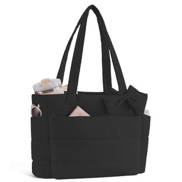 Imagem de Bolsa feminina acolchoada com suporte para copo e compartimento de laptop de 15,6 polegadas para trabalho, viagens, academia, faculdade, Preto, Tendência