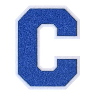 Imagem de 1 Patch de letra de chenille azul de 15 cm com borda branca – adesivos do alfabeto para roupas, jaquetas, mochilas, chapéus para decoração personalizada, nome personalizado e artesanato. (C)