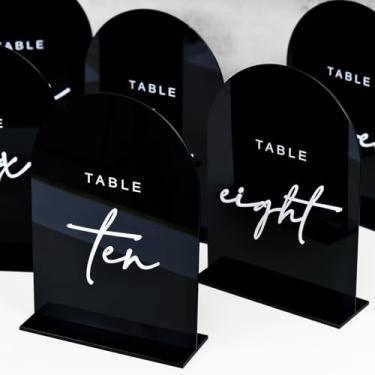 Imagem de Números de mesa de casamento arqueados pretos 1-15 com suportes, placa de arco de acrílico de 12 x 17 cm com números brancos, números de mesa de acrílico arqueados 3D para recepção de casamento