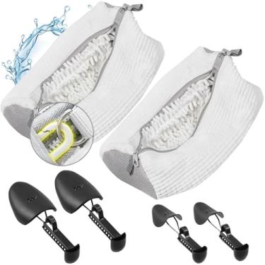Imagem de 2 sacos para máquina de lavar sapatos com 4 árvores ajustáveis para sapatos, sacos de lavanderia XXL para lavadora e secadora, zíper resistente com design de gancho, bolsa de limpeza de sapatos