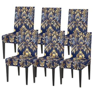 Imagem de Conjunto de 6 capas elásticas para cadeira de sala de jantar, capa protetora de assento de flor, mandala, retrô, azul, removível, lavável, para cozinha, casa, hotel, banquete, festa de casamento