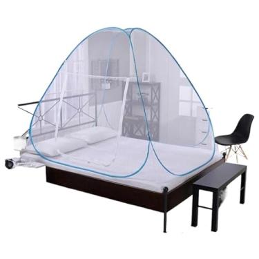 Imagem de Mosquiteiro Tipo Tenda Casal 150×200 – Dobrável, Portátil e Proteção Completa Contra Mosquitos(BRANCO BARRA AZUL)