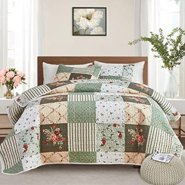 Imagem de Conjunto de colcha floral patchwork 3 peças California King Size, conjunto de colcha reversível xadrez verde, capa de cama leve de microfibra macia para todas as estações (259 cm x 289 cm, 1 colcha + 2 fronhas)