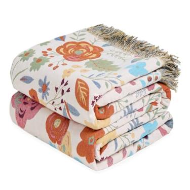 Imagem de LUTBM Cobertor Boho para cama, cobertores de algodão, tamanho solteiro para quarto, sala de estar, todas as estações, leve, chique, floral, bordado, colcha para sofá, poltrona, 152 x 203 cm