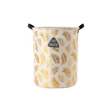 Imagem de Cesto Organizador Dobrável, Decorativo com Folhas Douradas, 55L, para Roupa Suja, Tecido com Alças (Branco)