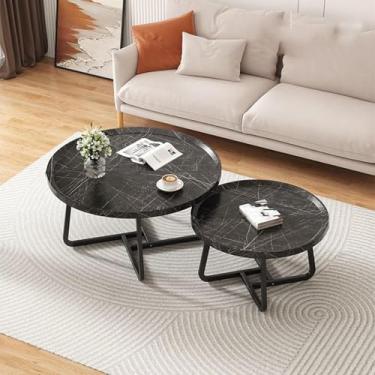 Imagem de Yadlan Conjunto de 2 mesas de centro de assento, mesa central redonda com pés antiderrapantes, mesas de canto com tampo de grão de madeira para sala de estar escritório preto 80 cm + 60 cm