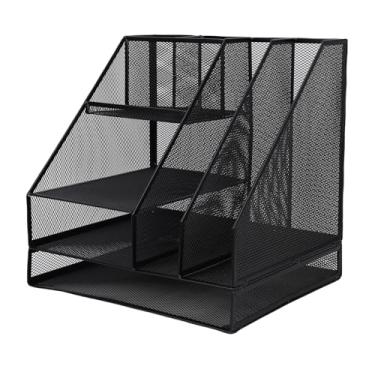 Imagem de Organizador de mesa de malha preto espessado 2 colunas 4 camadas Suporte para caneta multifuncional Organizador de mesa de escritório para escritório doméstico Espaço de trabalho