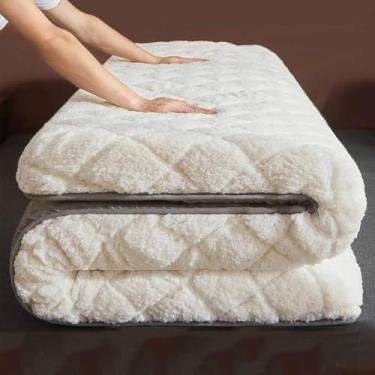 Imagem de Yadlan Colchão de lã sherpa casal queen ultramacio acolchoado de pelúcia extragrossa respirável colchão de futon alternativo sobrecarregado branco 9 cm 120 * 200 cm
