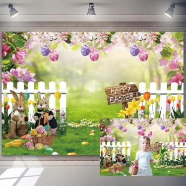 Imagem de 2,1 x 1,5 m, pano de fundo de Páscoa, primavera, jardim, fotografia, grama, flores, cerca, coelho, ovos coloridos, fundo para decoração de banner, suprimentos de decoração para bebês, meninas, meninos