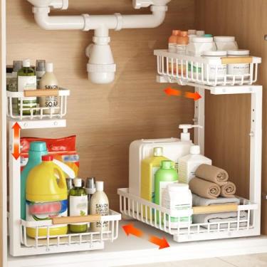 Imagem de Organizador embaixo da pia, pacote com 2 organizadores e armazenamento sob a pia, prateleira organizadora de 2 camadas, estrutura de metal, suporte ajustável em altura para despensa de banheiro e